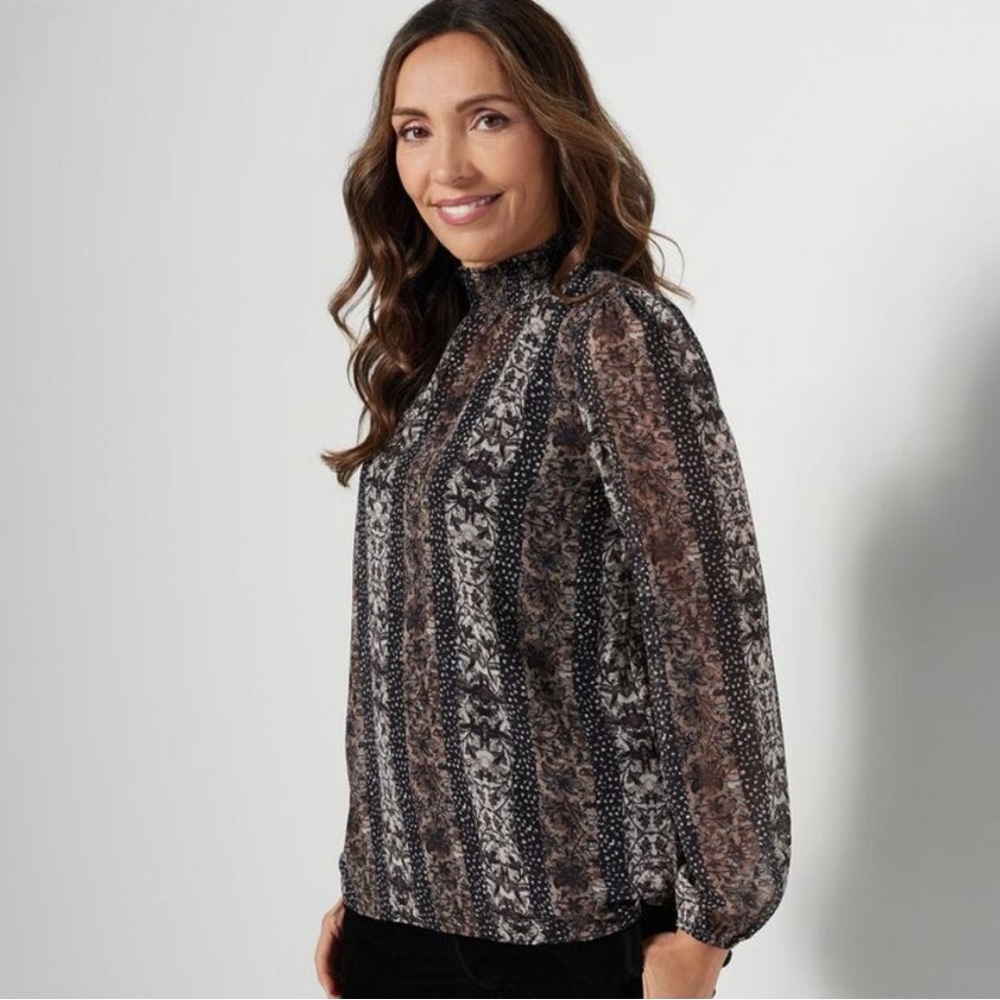 Susan Graver Printed Chiffon Smocked Mock Neck Top‎